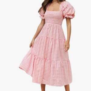 Chic Pink Gingham Midi Dress with Puff Sleeves